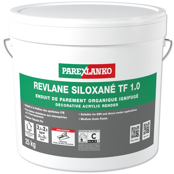 Enduit parement organique ignifugé Parexlanko Revlane Siloxané TF 1.0 G00 Blanc naturel - 25,0 KG
