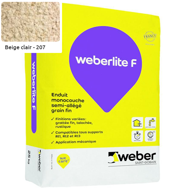 Enduit monocouche semi-allégé et coloré à grain fin WeberLite F 207 Beige clair - sac de 25 KG