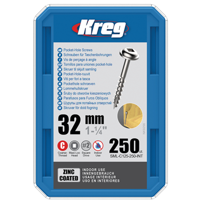 Vis à trou de poche Kreg en acier zingué - tête cylindrique à empreinte carrée - longueur 32 mm - boîte de 250