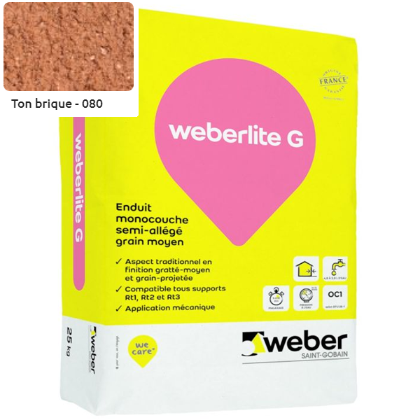 Enduit monocouche semi-allégé et coloré à grain moyen WeberLite G 080 Ton brique - sac de 25 KG