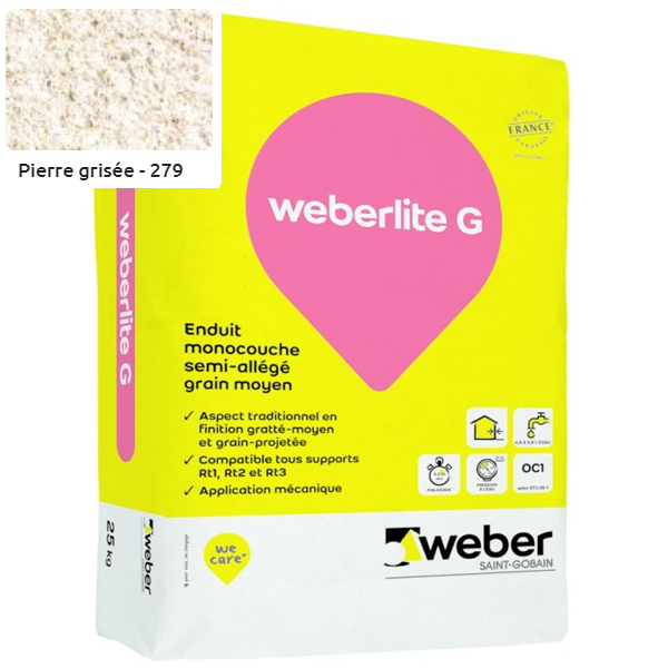 Enduit monocouche semi-allégé et coloré à grain moyen WeberLite G 279 Pierre grisée - sac de 25 KG