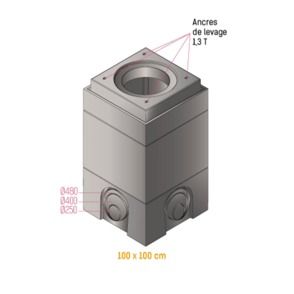 Elément de regard carré 1000x1000 - H600 - 2 échelons