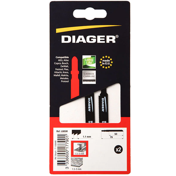Lame de scie sauteuse Diager inox denture carbure longueur 79 mm - lot de 2