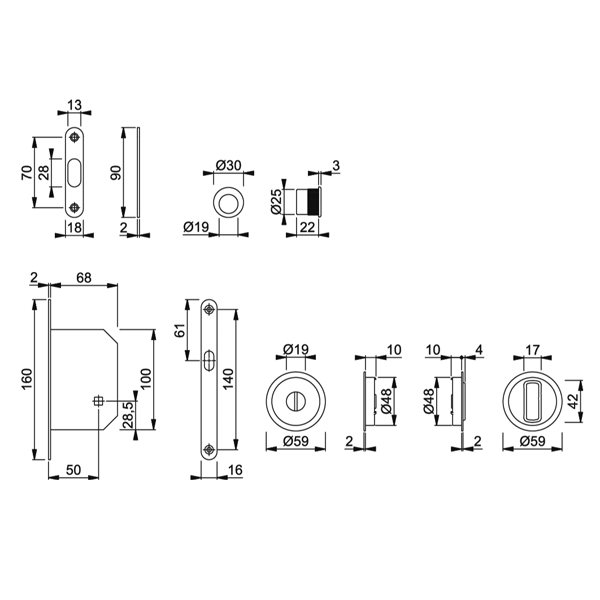 Set pour porte coulissante intérieure à condamnation aluminium chromé mat Hoppe - axe 50 mm