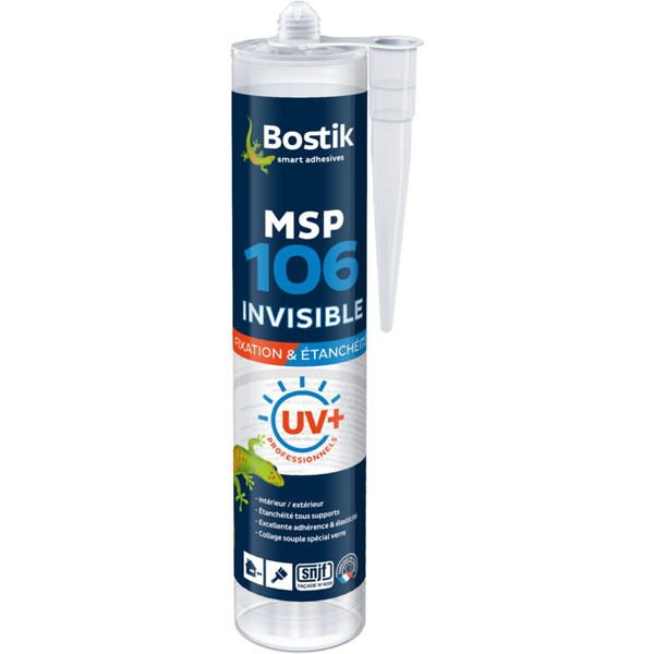 Mastic colle transparent - MSP 106 Invisible Bostik - Fixation et étanchéité - Cartouche de 290 ml
