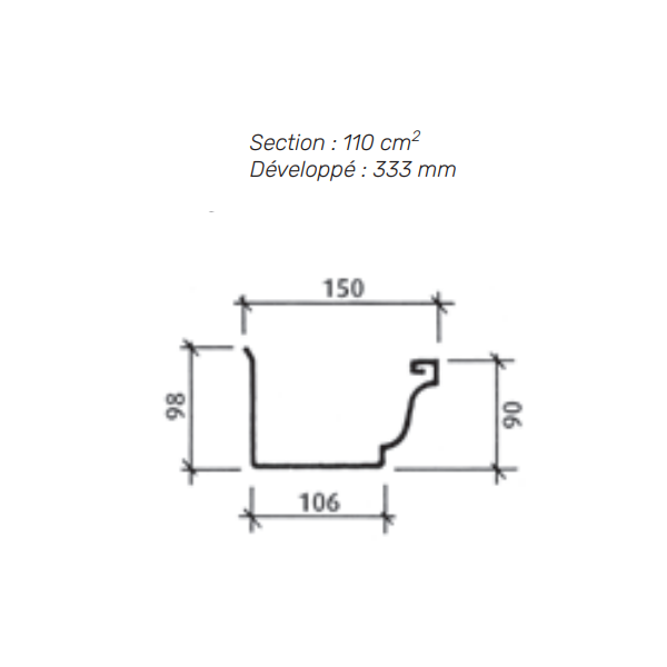 Gouttière moulurée en zinc Quartz-Zinc VMZINC - 333 MM - ép. 0,65 MM - 4 M