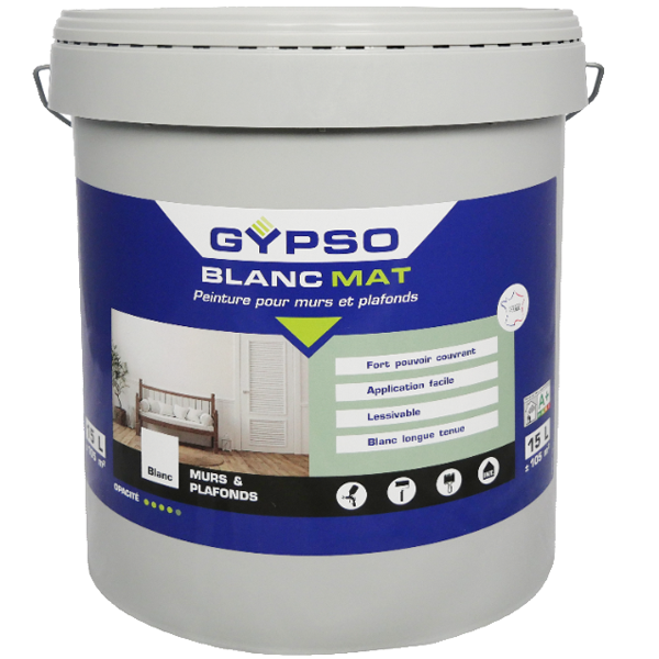 Peinture blanche mur et plafond - Gypso - résine acrylique lessivable - blanc mat - pot de 15 L