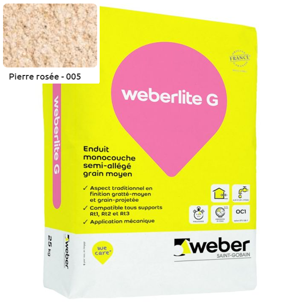 Enduit monocouche semi-allégé et coloré à grain moyen WeberLite G 005 Pierre rosé - sac de 25 KG