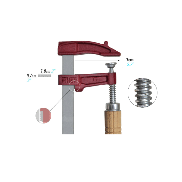 Serre-joint à vis manche bois Piher modèle MM - Tige 18x7 mm serrage 30 cm
