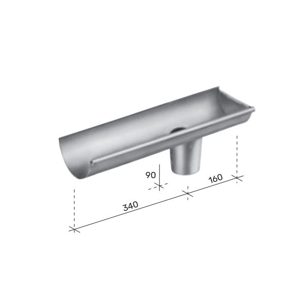 Embout à talon avec naissance en zinc VMZINC Gauche pour gouttière de 333 MM et descente de 100 MM
