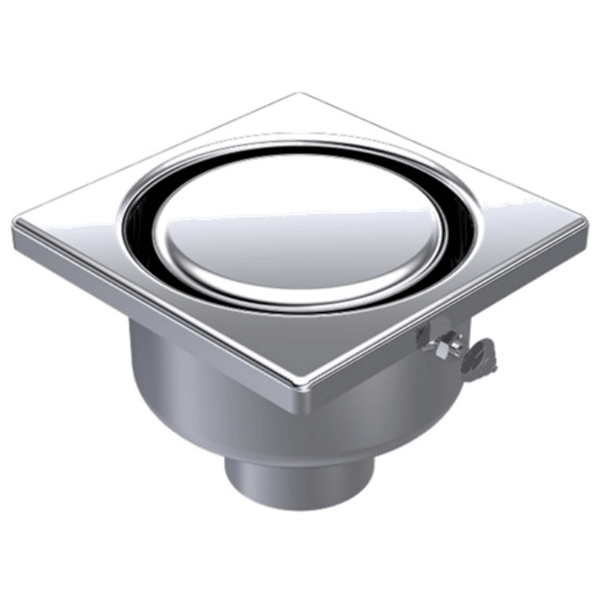 Siphon de douche en inox - cloche avec garde d'eau de 30 mm - 100 x 100 mm - sortie verticale 40 mm