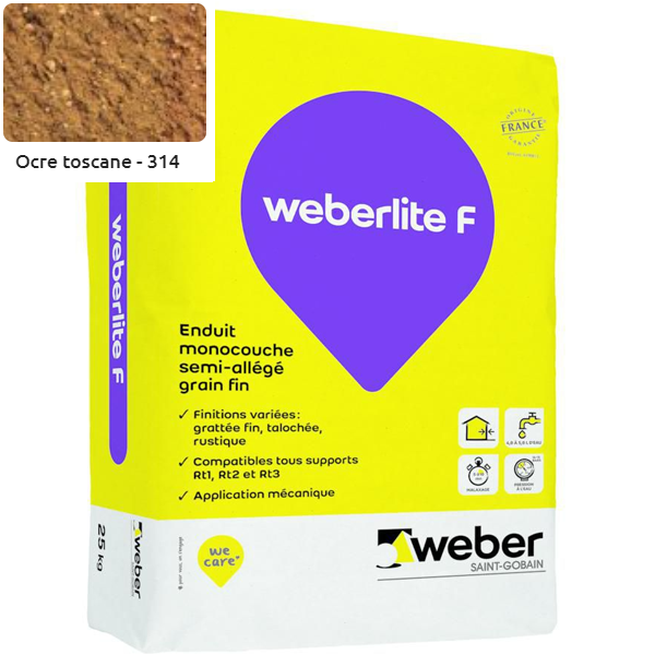 Enduit monocouche semi-allégé et coloré à grain fin WeberLite F 314 Ocre toscane - sac de 25 KG