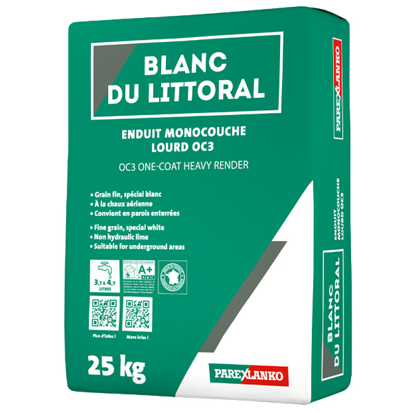 Enduit monocouche lourd grain fin pour façade neuve - Blanc du littoral Parexlanko - Sac de 25,0 KG