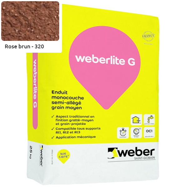 Enduit monocouche semi-allégé et coloré à grain moyen WeberLite G 320 Rose brun - sac de 25 KG