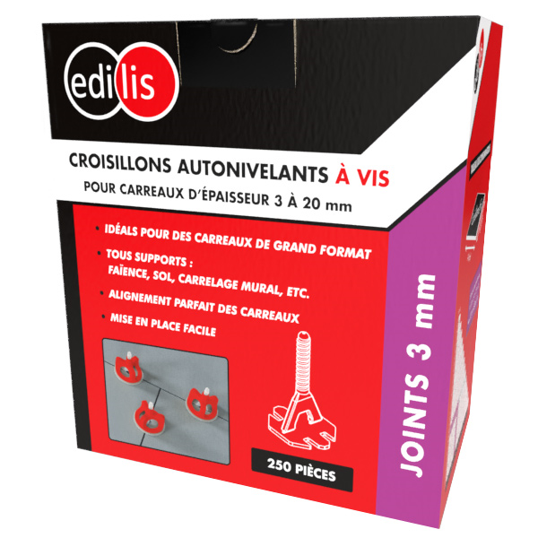 Croisillon autonivelant à vis pour carreaux d'épaisseur 3 à 20 mm - Edilis - joint de 3 MM - Boîte de 250