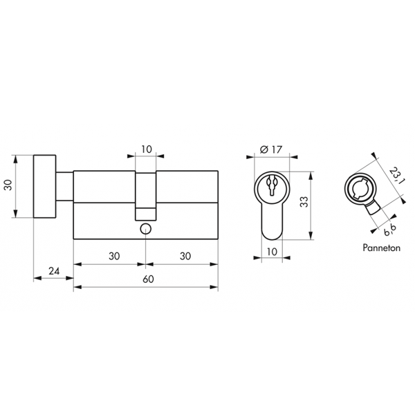 Cylindre de sûreté à bouton Thirard - profil européen - laiton nickelé - 5 goupilles STD - avec 3 clés - 30 x 30 mm