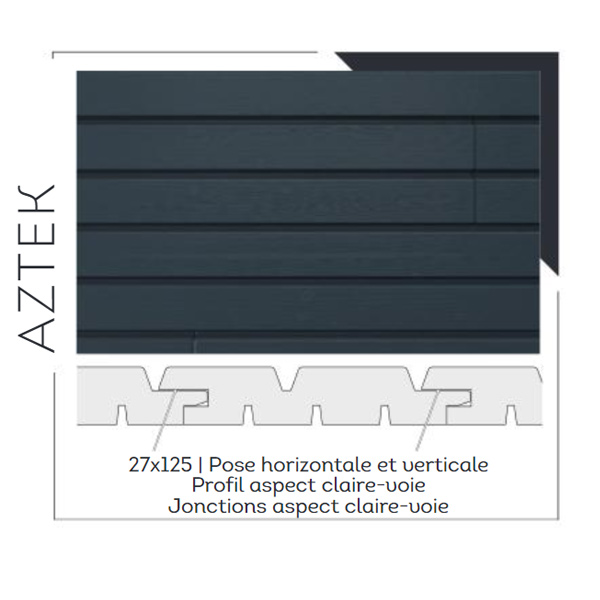 Bardage bois peint Épicéa traité Classe 3 - Protac Clinexel Profil Aztek - 27,00 mm x 125 mm x 4,46 m - Intense Black