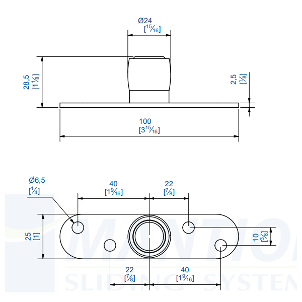 Guide du bas sur platine inox à visser  Mantion 1099XA2 avec olive en laiton pour profil U de 30x30 mm