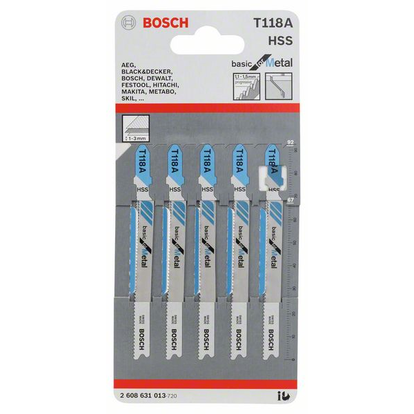 Lame de scie sauteuse pour métal - T 118 D Basic for Metal Bosch - Jeu de 5 lames