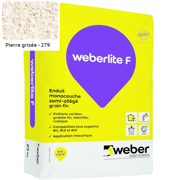 Enduit monocouche semi-allégé et coloré à grain fin WeberLite F 279 Pierre grisée - sac de 25 KG
