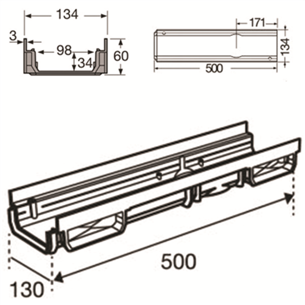 Caniveau bas CONNECTO Nicoll pour collecte des eaux de pluie - Longueur 500 mm - PVC - Sable