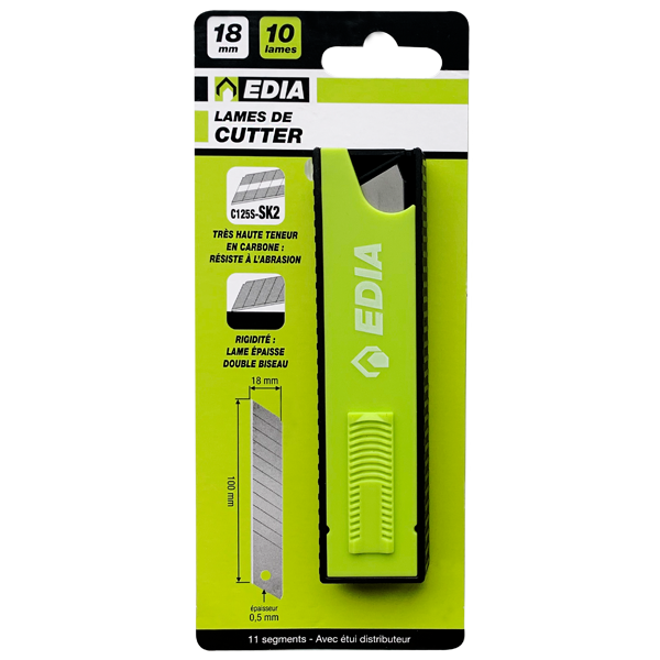 Lame biseautée sécable pour cutter - Edia - Largeur 18 mm - Lot de 10 avec étui distributeur
