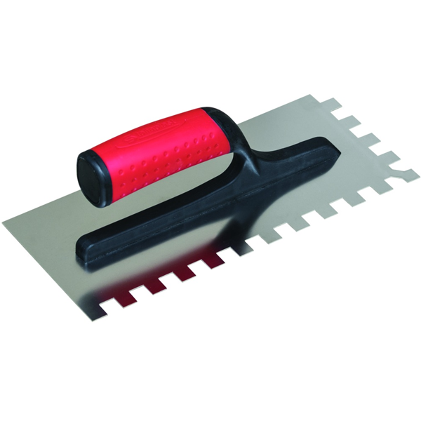 Platoir à colle pour carreleur avec lame inox à dents carrées de 10x10 mm et poignée en polyamide - 28 x 12 cm