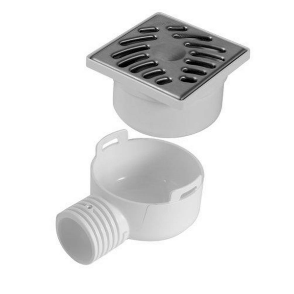Siphonette d'évacuation de plain-pied Ø 40/50 mm avec grille Inox carrée 100 x 100 mm et adaptateur sortie horizontale