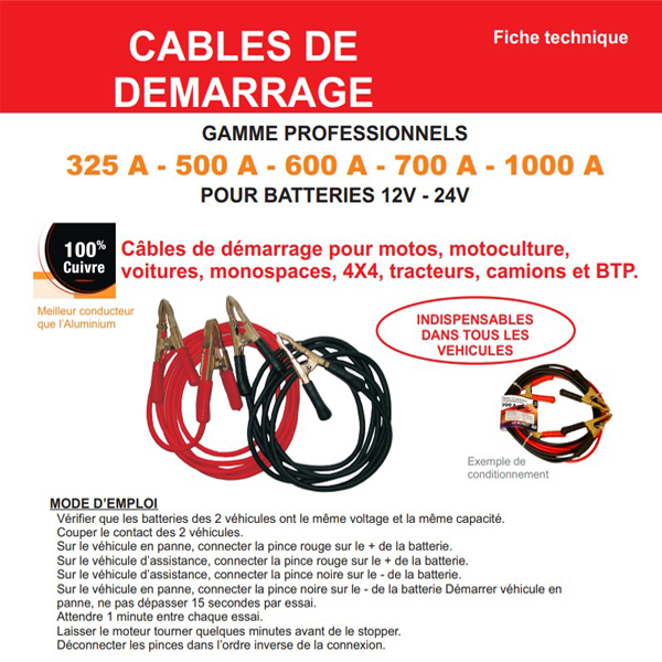 Jeu de câbles de démarrage professionnels Lacmé 500 A section 25 mm² longueur 3 m