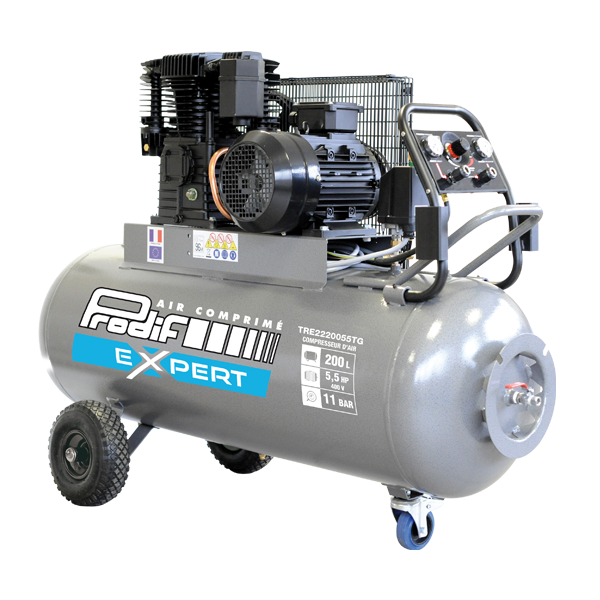 Compresseur mobile Prodif 200 litres 5.5 CV triphasé avec courroie bi étage 492 L/min