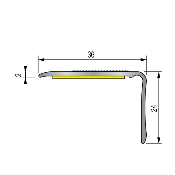 Nez de marche strié adhésif Dinac 6VA en Aluminium Titium - 36 MM x 24,0 MM - 1,10 M