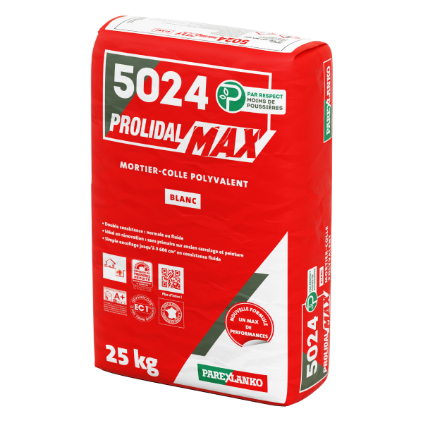 Mortier colle extérieur amélioré polyvalent - 5024 Prolidal Max - Blanc - Sac de 25,0 kg