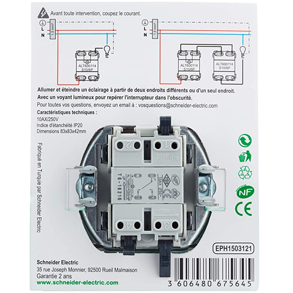 Interrupteur va-et-vient lumineux Schneider Asfora complet - à encastrer - blanc brillant - 10 A - 230 V