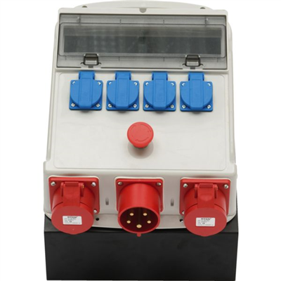 Coffret de chantier 30 mA sur socle avec arrêt d'urgence et prolongateur 2 mètres H07 5G2.5