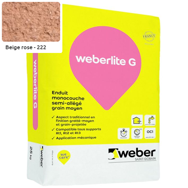 Enduit monocouche semi-allégé et coloré à grain moyen WeberLite G 222 Beige rose - sac de 25 KG