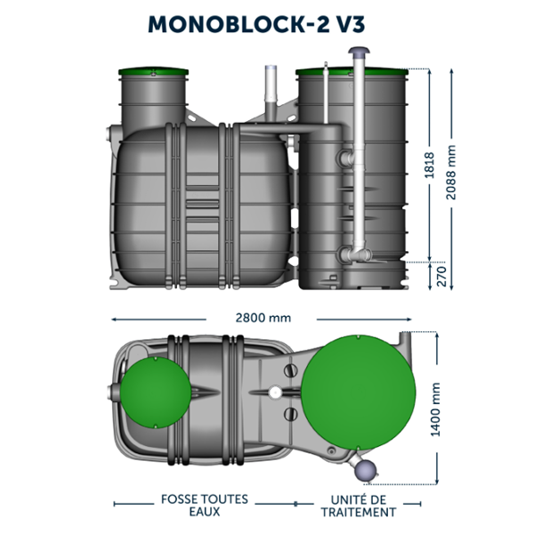 Fosse toutes eaux - Monoblock-2-4 V3 Biorock - sortie gravitaire - Capacité 4 E.H - 2000L