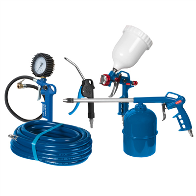 Kit d'accessoires pneumatiques Lacmé avec pistolets de peinture et de gonflage, pulvérisateur, tuyau et soufflette