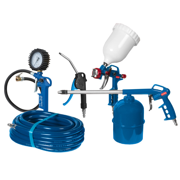 Kit d'accessoires pneumatiques Lacmé avec pistolets de peinture et de gonflage, pulvérisateur, tuyau et soufflette