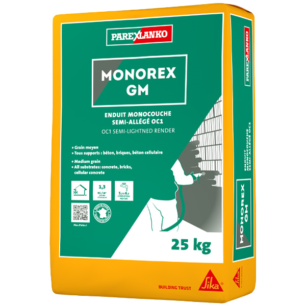 Enduit monocouche semi-allégé OC1 - Monorex GM Parex - Grain moyen - G00 Blanc naturel - Sac de 25 KG