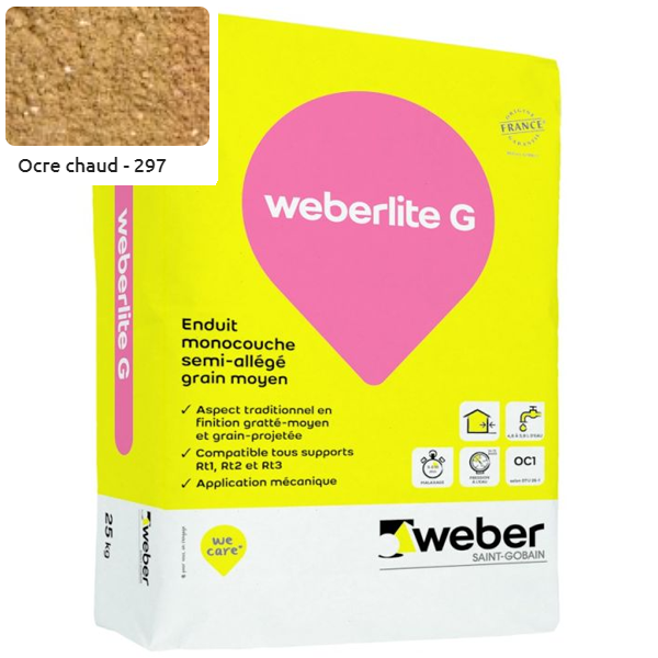 Enduit monocouche semi-allégé et coloré à grain moyen WeberLite G 297 Ocre chaud - sac de 25 KG