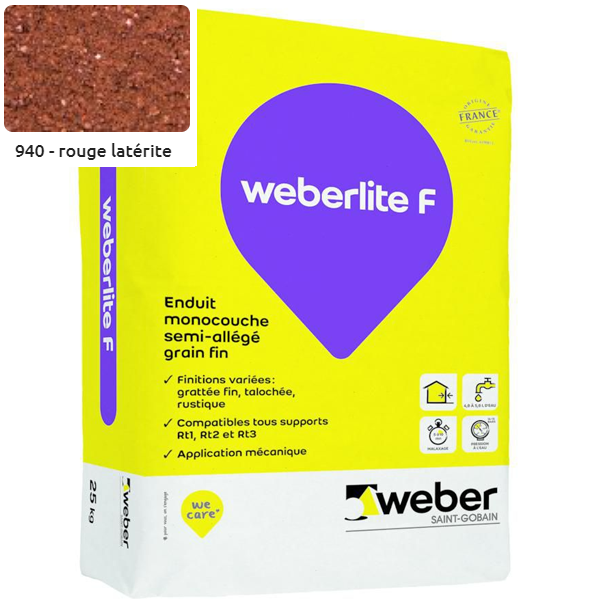 Enduit monocouche semi-allégé et coloré à grain fin WeberLite F 940 Rouge laterite - sac de 25 KG