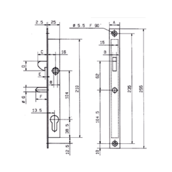 Serrure à encastrer à profil européen avec crochet Abus pour porte métallique - axe 13,5 mm - entraxe 104 mm