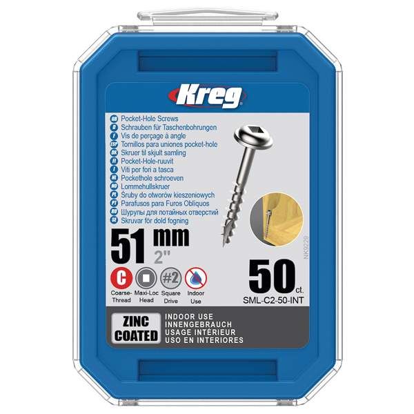 Vis à trou de poche Kreg en acier zingué - tête cylindrique à empreinte carrée - longueur 51 mm - boîte de 50