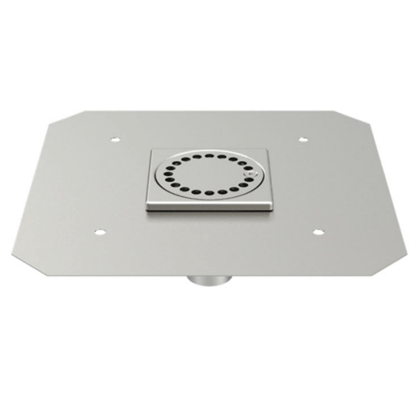 Siphon de douche inox 100,0 mm x 100,0 mm réglable en hauteur avec platine de reprise d'étanchéité - sortie verticale 40 mm