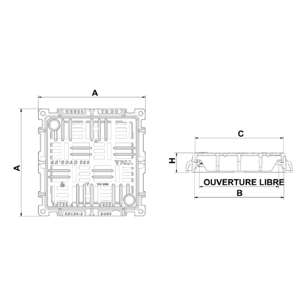 Grille carrée plate verrouillée en fonte PMR D400 avec cadre - ouverture libre 700,0 mm x 700,0 mm