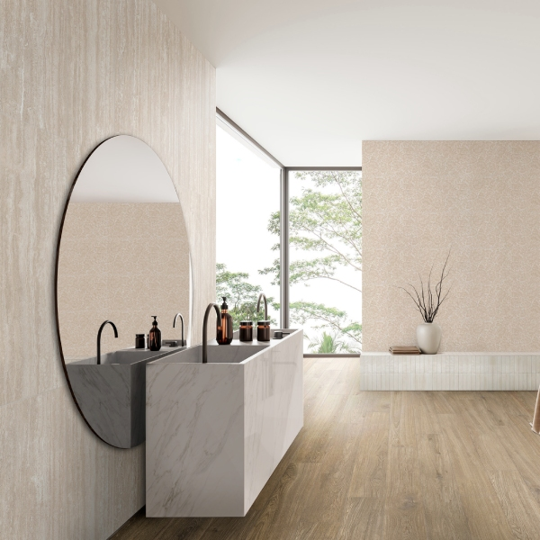 Carrelage mural imitation pierre naturelle de travertin - Travertino Wall Vein Bianco rectifié - 120 x 40 cm - ép. 9 mm