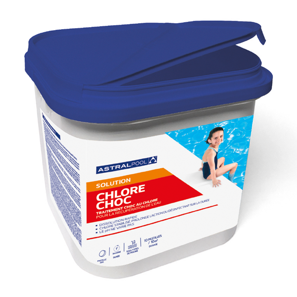 Traitement chlore choc stabilisé en pastilles - récupération des eaux de piscines - Astralpool - seau de 5 kg