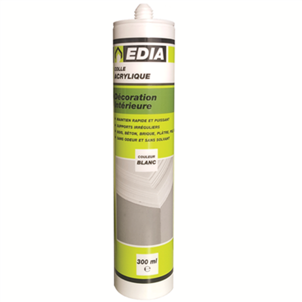 Colle acrylique pour fixation de décoration intérieure - Edia - Cartouche 300 ml - Blanc