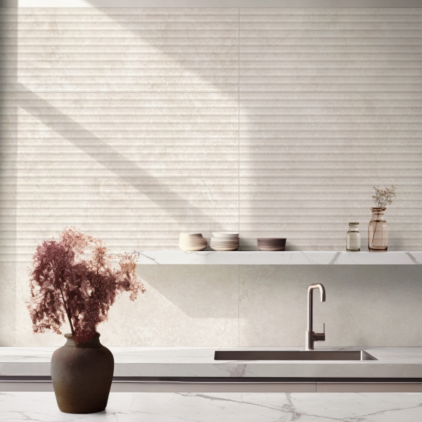 Carrelage mural imitation pierre naturelle de travertin - Travertino Wall Cross Bianco rectifié - 120 x 40 cm - ép. 9 mm