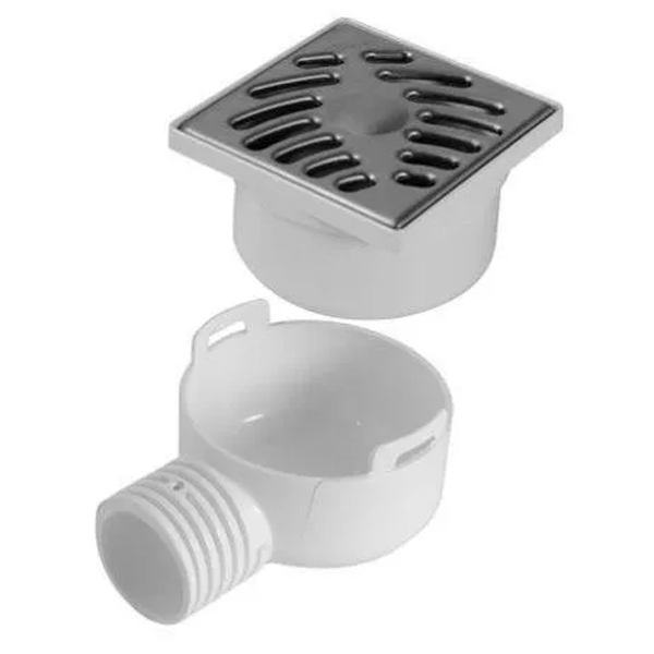 Siphonette d'évacuation de plain-pied Ø 40/50 mm avec grille Inox carrée 100 x 100 mm et adaptateur sortie horizontale